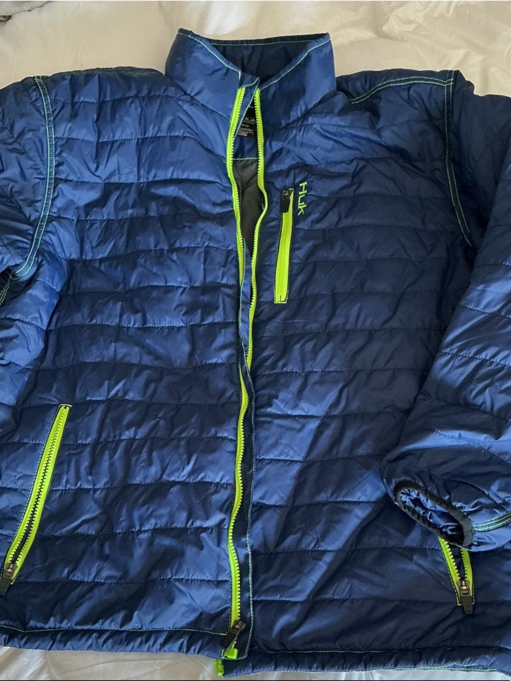 Huk Blue Quilted Puffer Jacket with Neon Lime Accents